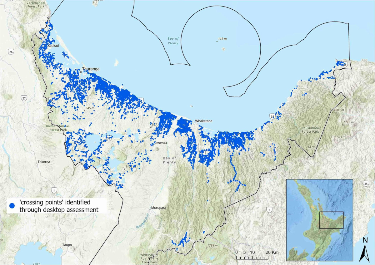 A map showing fish crossing points in the Bay of Plenty