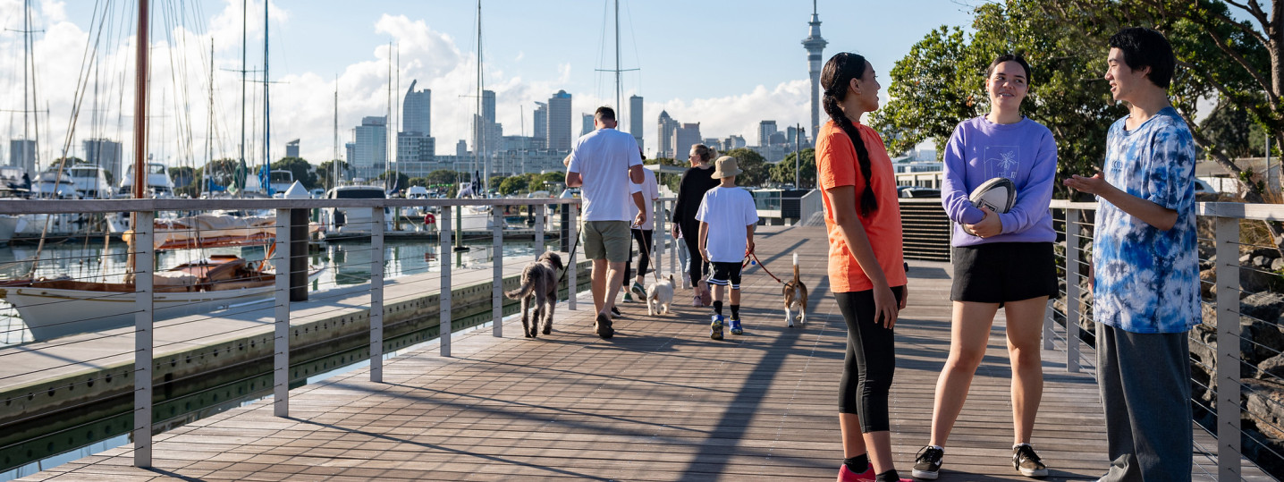 People on a walkway chatting and walking dogs, Auckland in the background